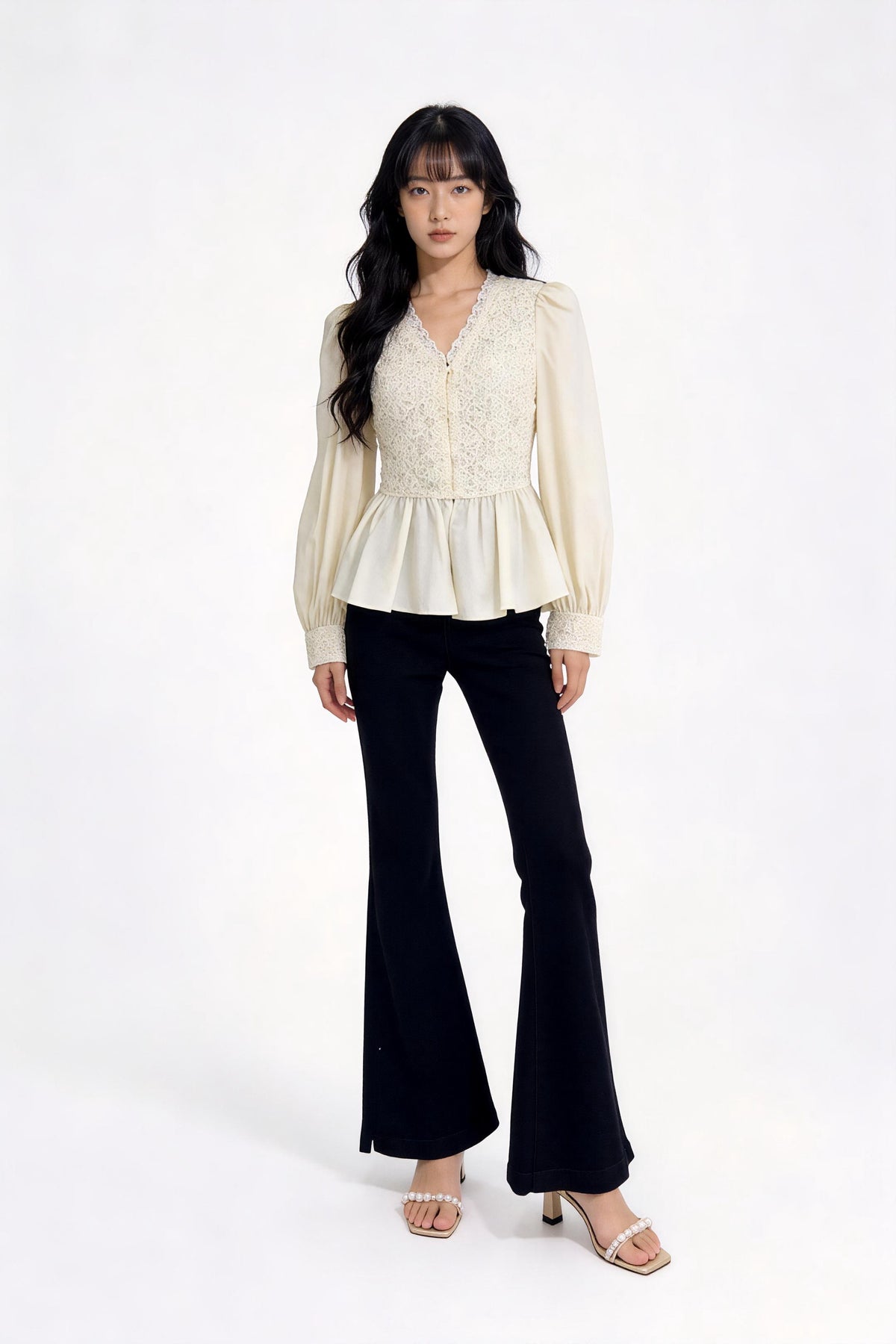 Ginevra Lace-Panel Satin Peplum Blouse
