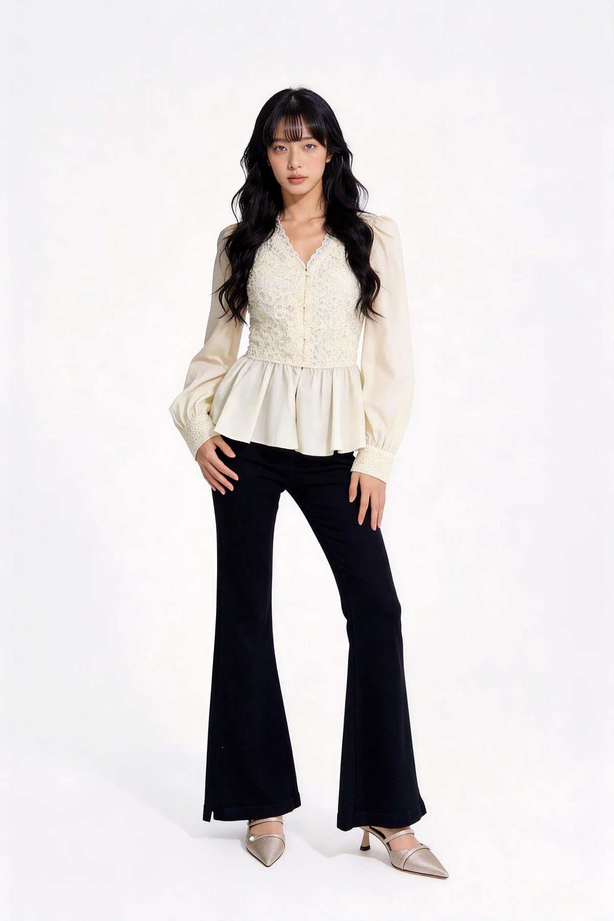 Ginevra Lace-Panel Satin Peplum Blouse