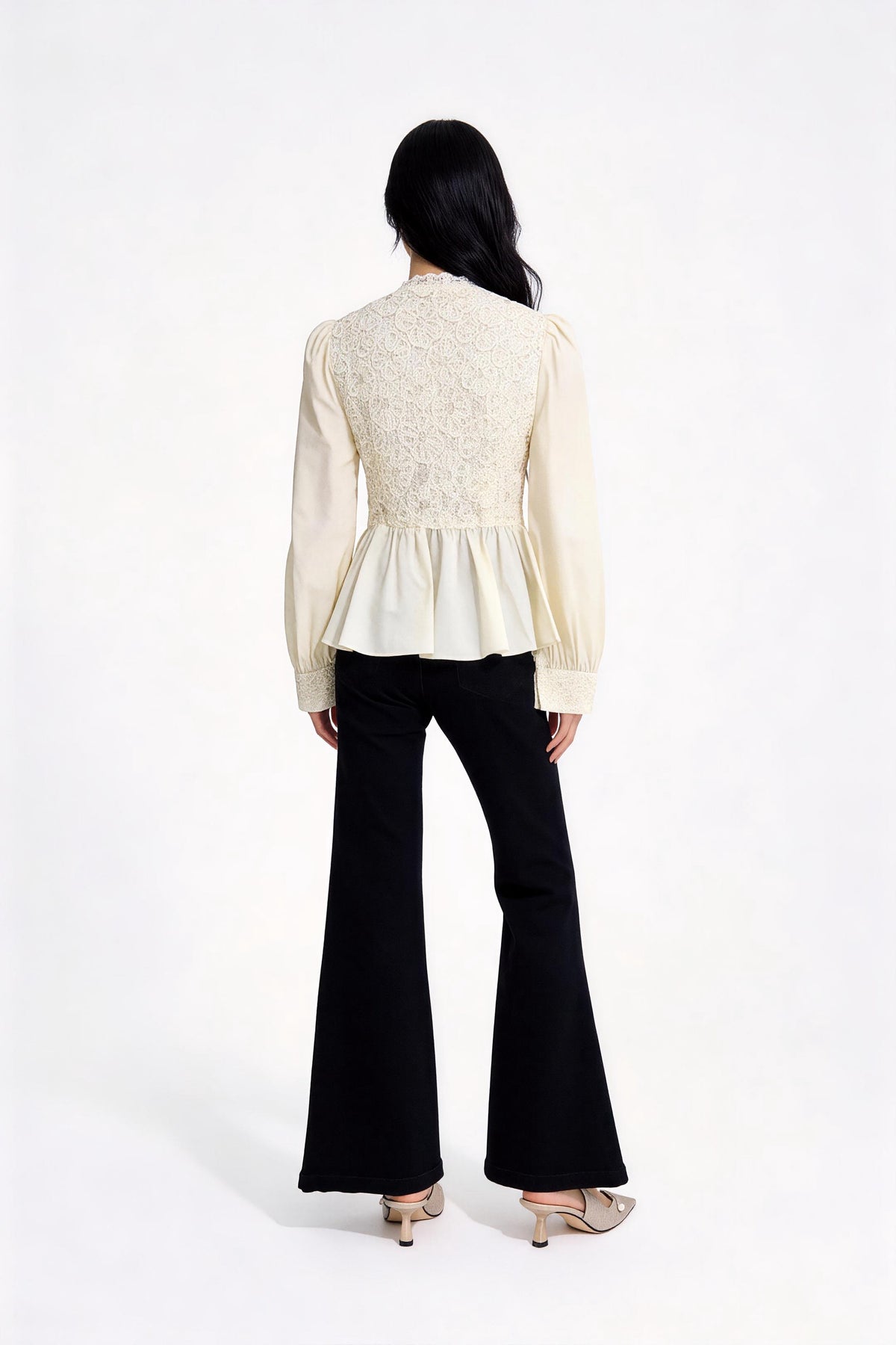 Ginevra Lace-Panel Satin Peplum Blouse