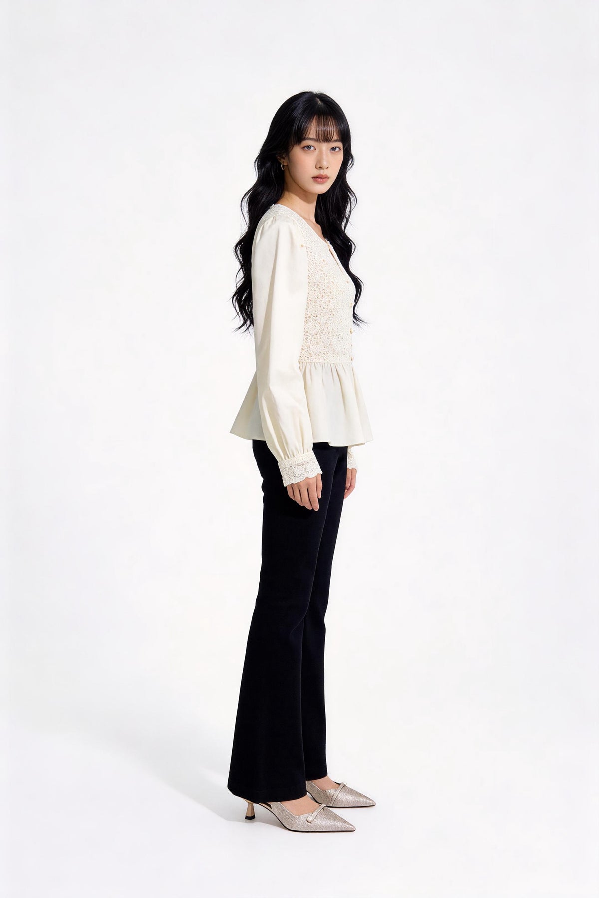 Ginevra Lace-Panel Satin Peplum Blouse
