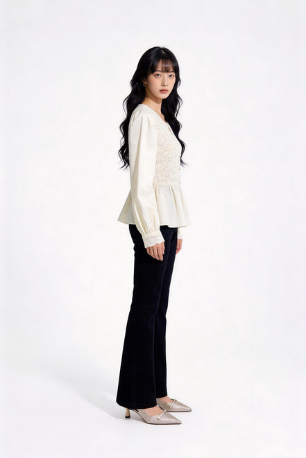 Ginevra Lace-Panel Satin Peplum Blouse