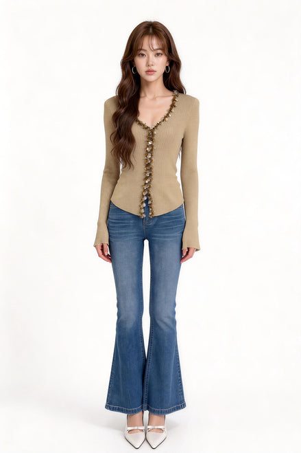 Belphoebe Floral-Embellished Ribbed Cardigan