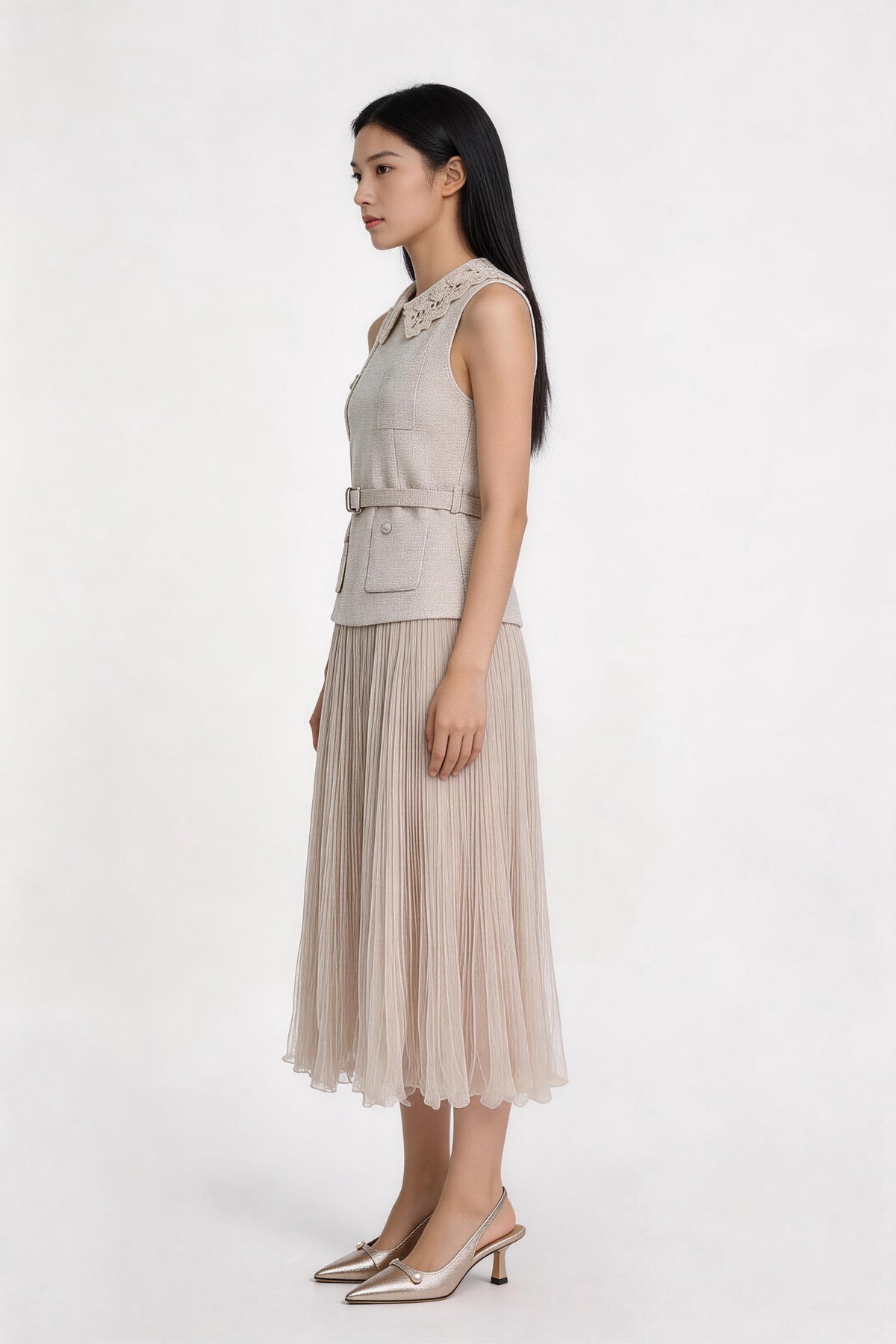 Melisendra Lace-Collar Tweed Maxi Dress
