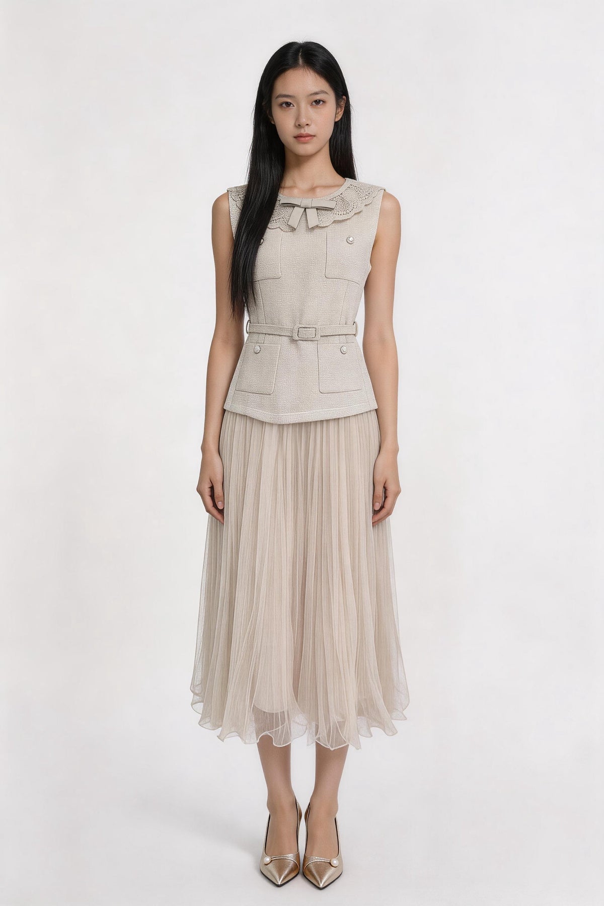 Melisendra Lace-Collar Tweed Maxi Dress