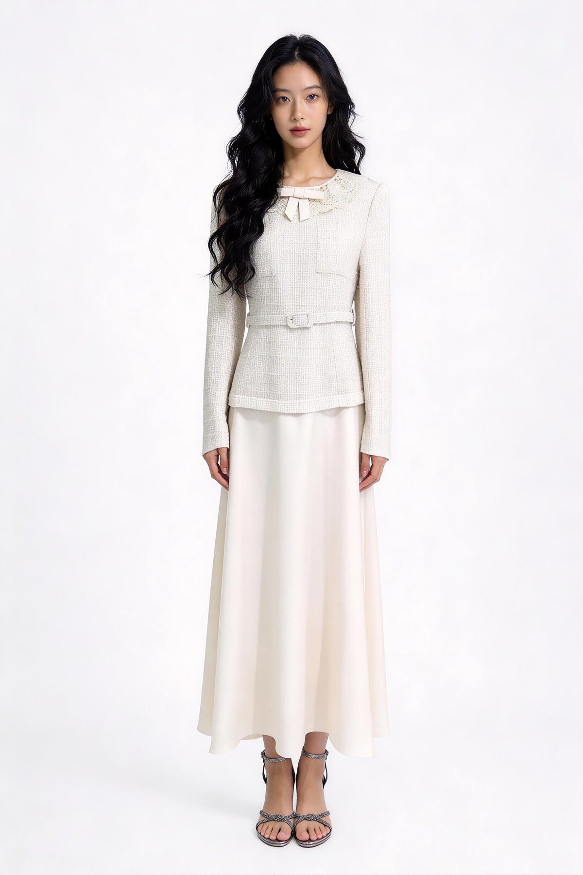 Leontine Lace-Collar Belted Maxi Dress