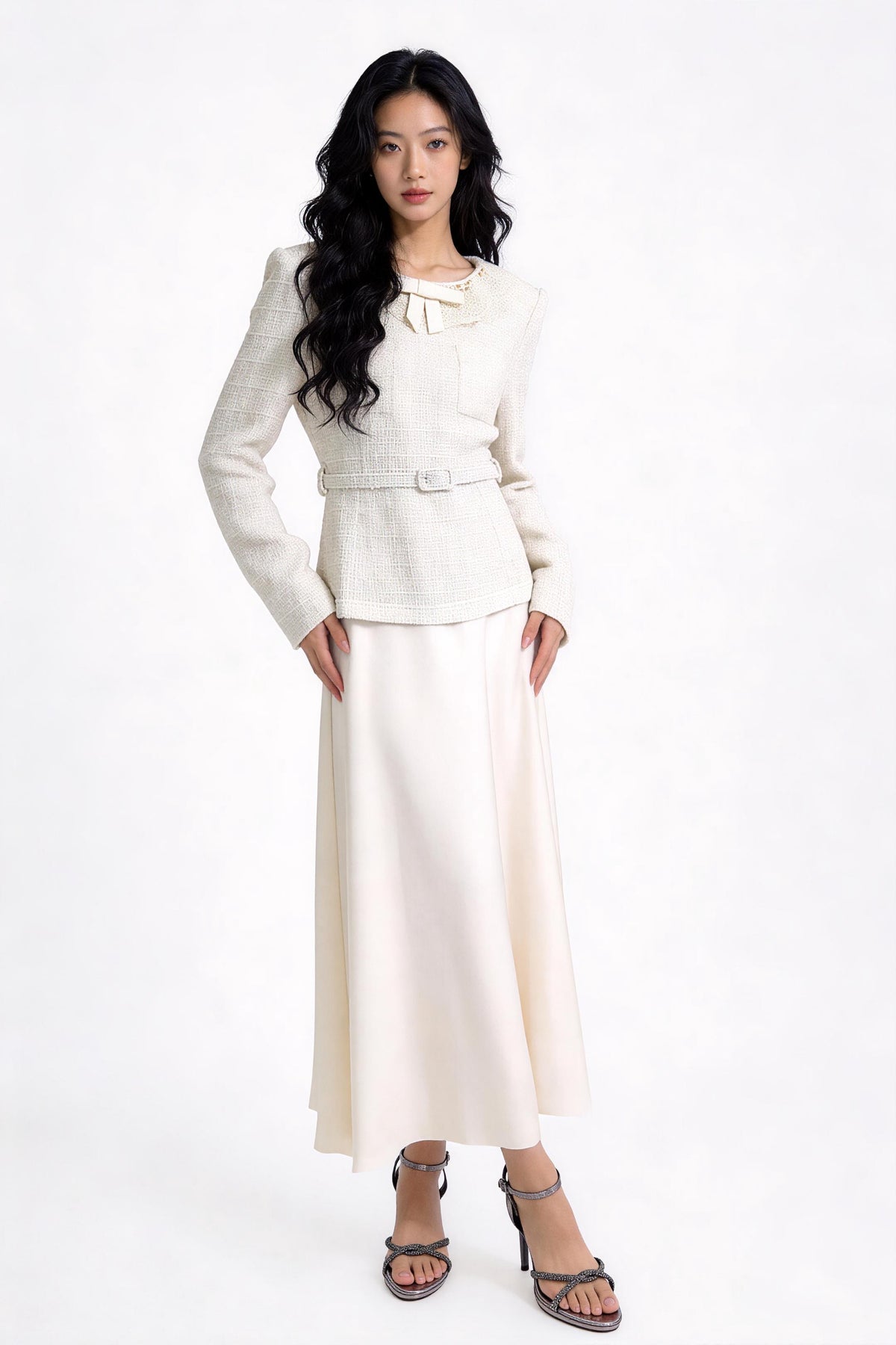 Leontine Lace-Collar Belted Maxi Dress
