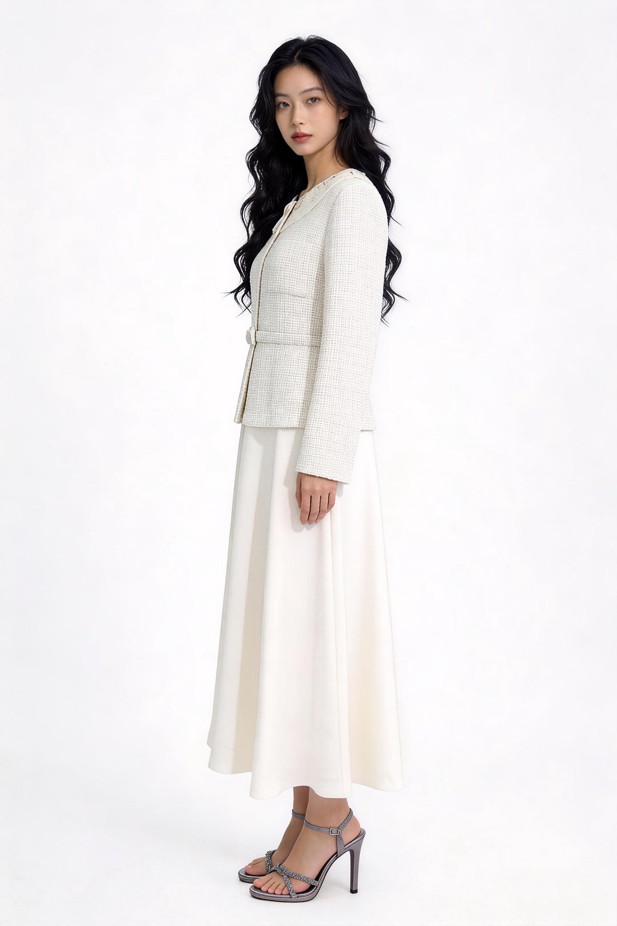 Leontine Lace-Collar Belted Maxi Dress