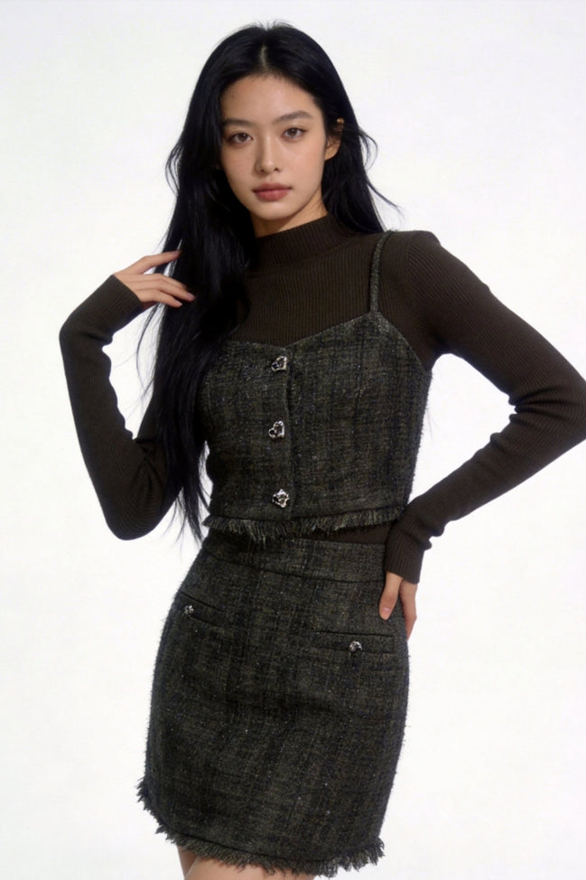 Kaelith Sequin Tweed Layered Knit Camisole Set