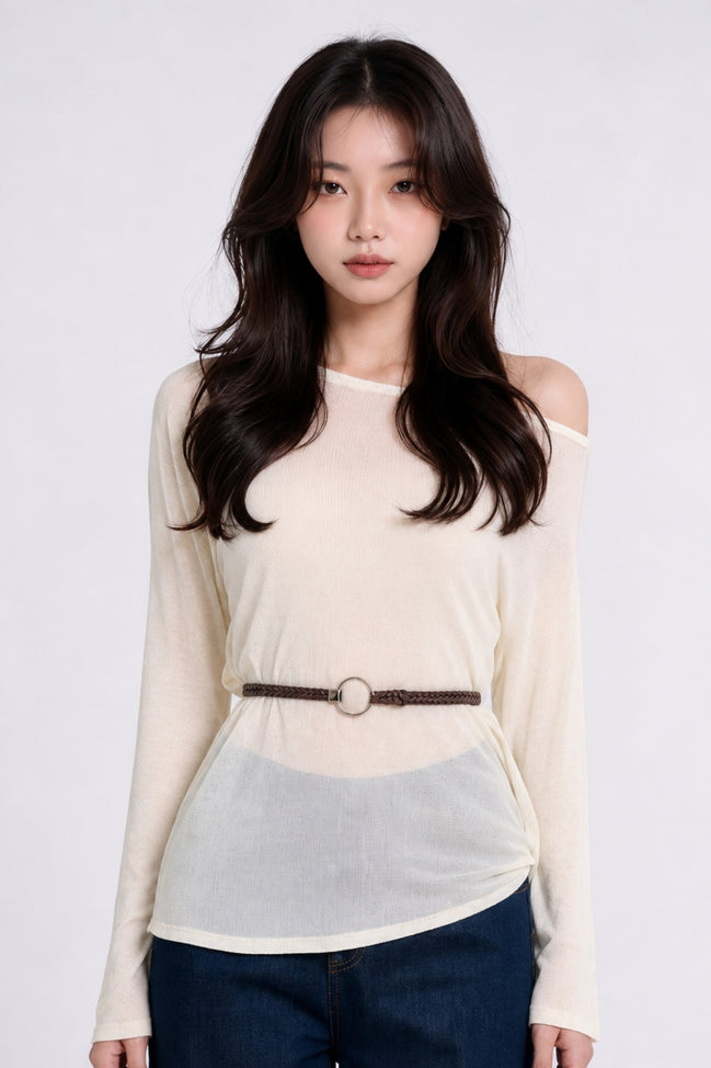 Lavinia Belted Asymmetric Mesh Top