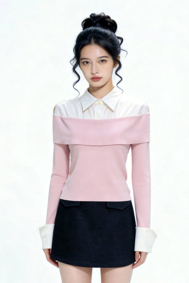 Lucine Faux-Layered Off-Shoulder Knit Top