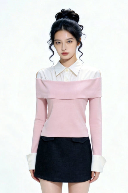 Lucine Faux-Layered Off-Shoulder Knit Top