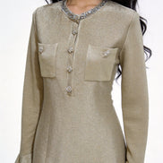 Luvia Jeweled-Neck Flared Knit Dress