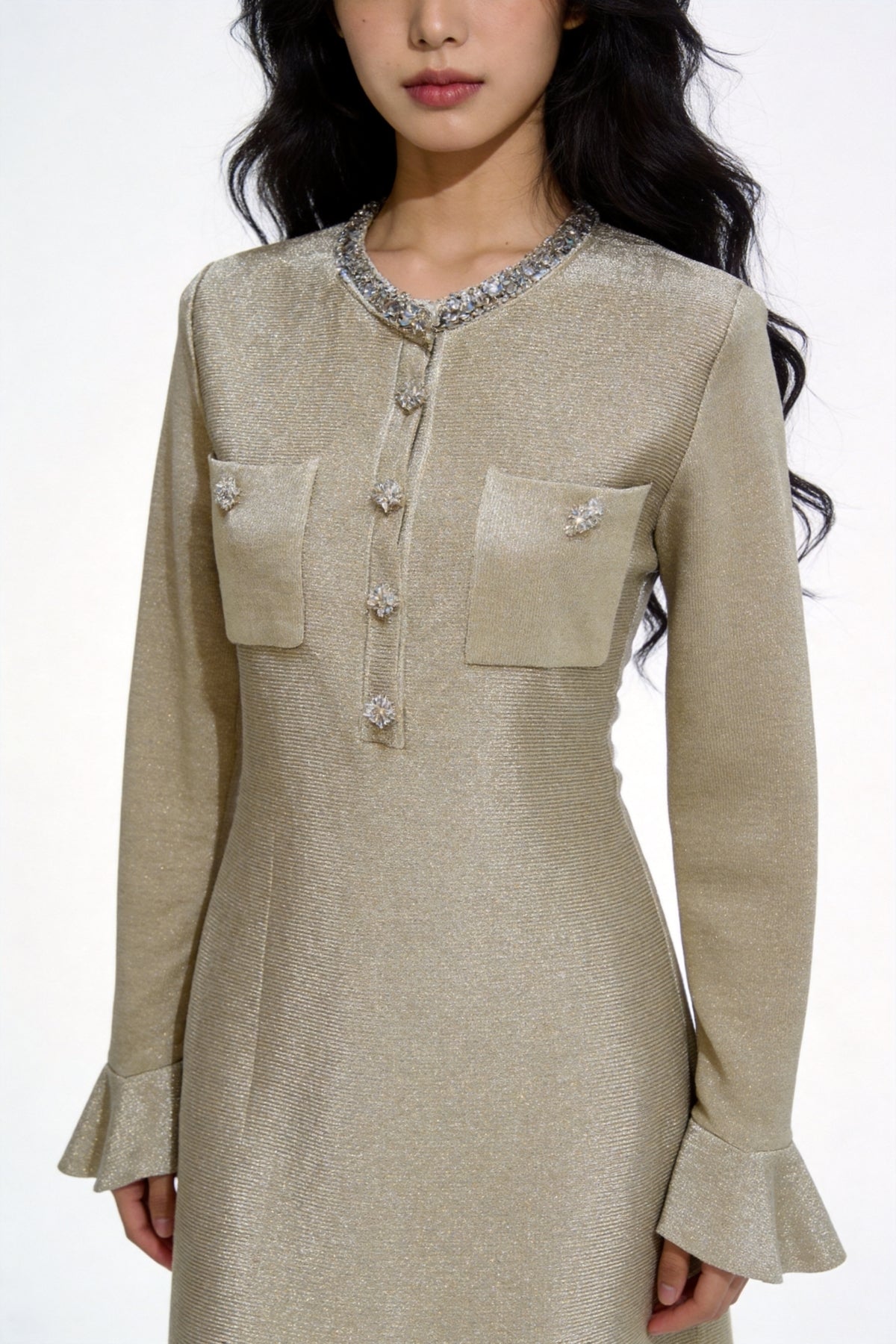 Luvia Jeweled-Neck Flared Knit Dress