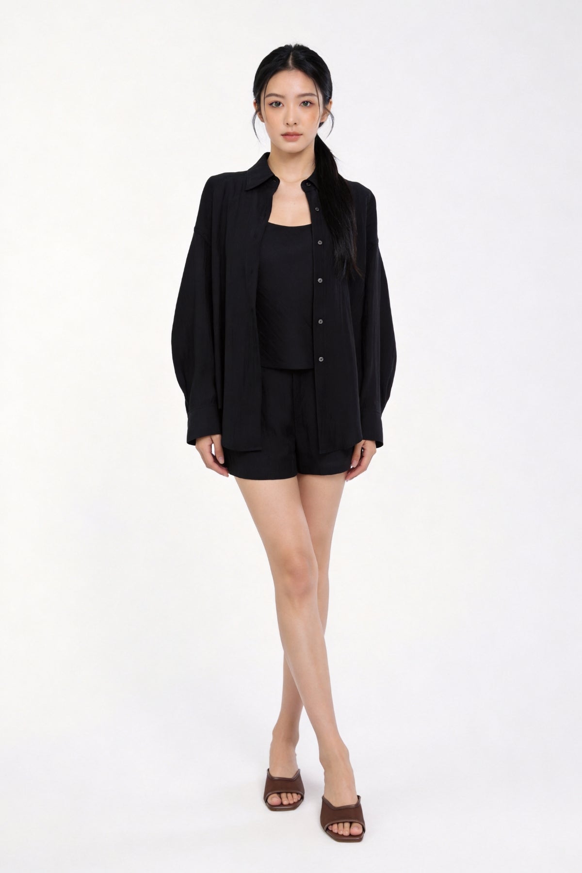 Maelle Three-Piece Set — Camisole, Button Shirt & Pleated Shorts