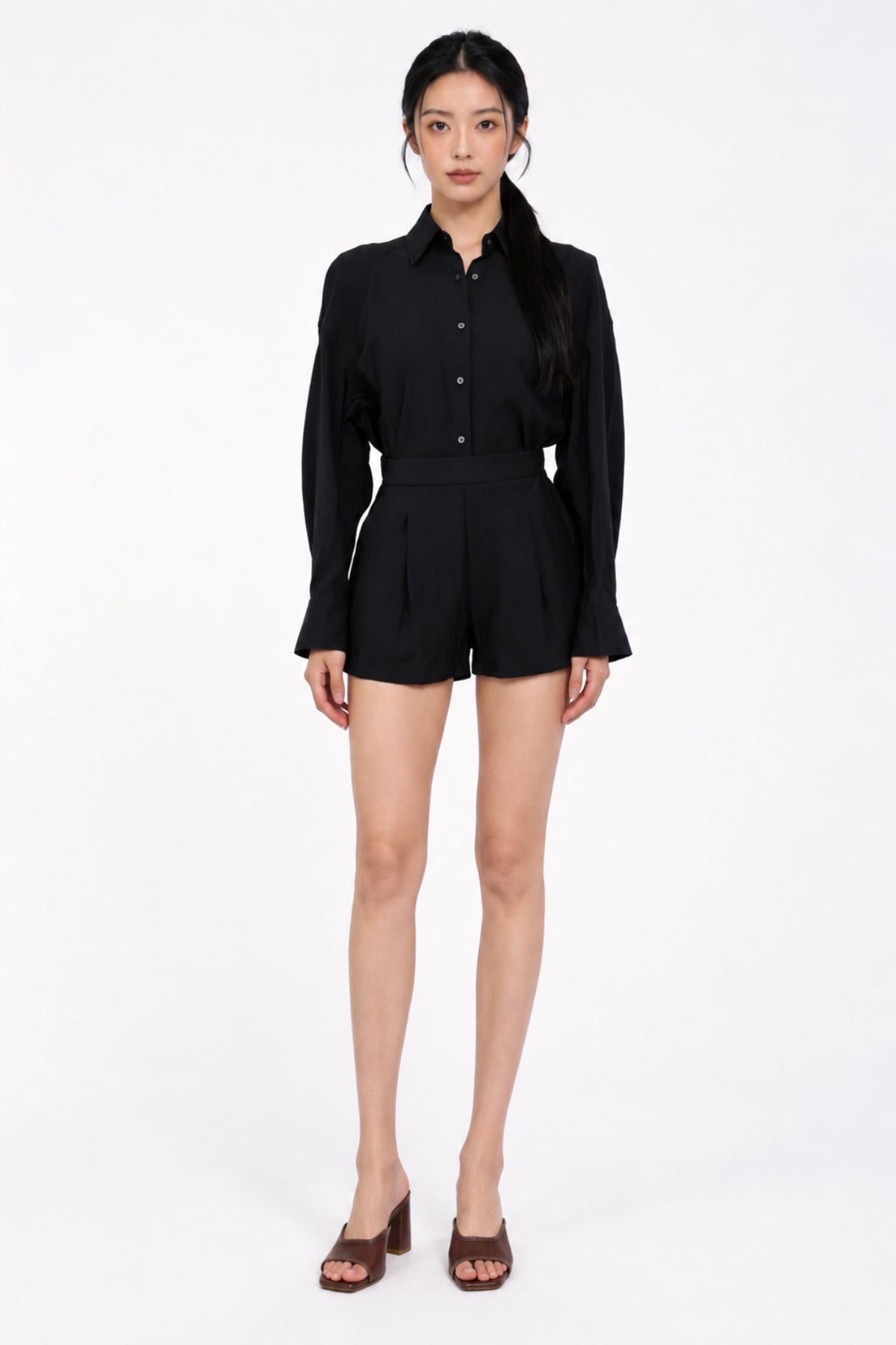 Maelle Three-Piece Set — Camisole, Button Shirt & Pleated Shorts