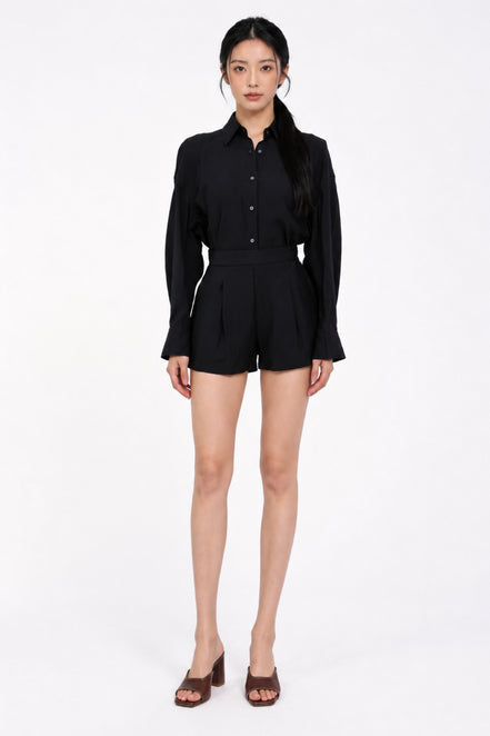 Maelle Three-Piece Set — Camisole, Button Shirt & Pleated Shorts