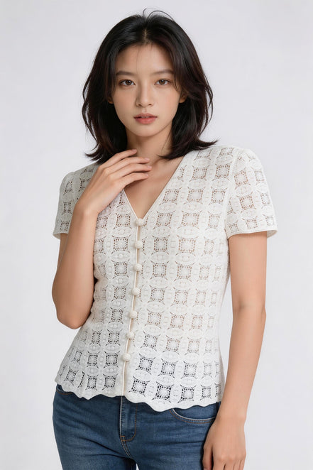 Mirevielle Crochet V-neck Lace Blouse