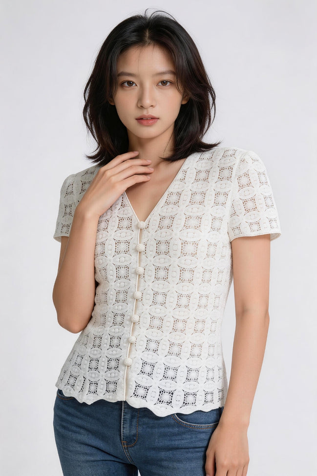 Mirevielle Crochet V-neck Lace Blouse