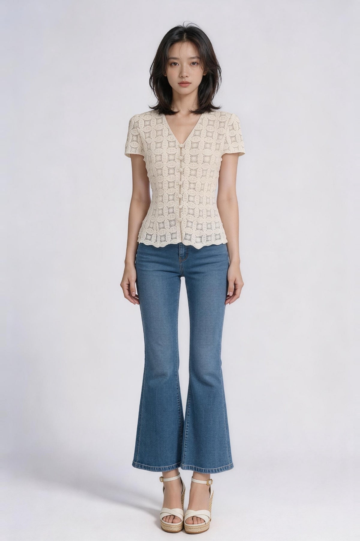 Mirevielle Crochet V-neck Lace Blouse