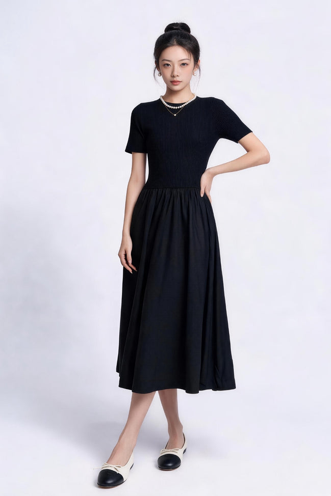 Oona Mixed-Media Short-Sleeve Maxi Dress