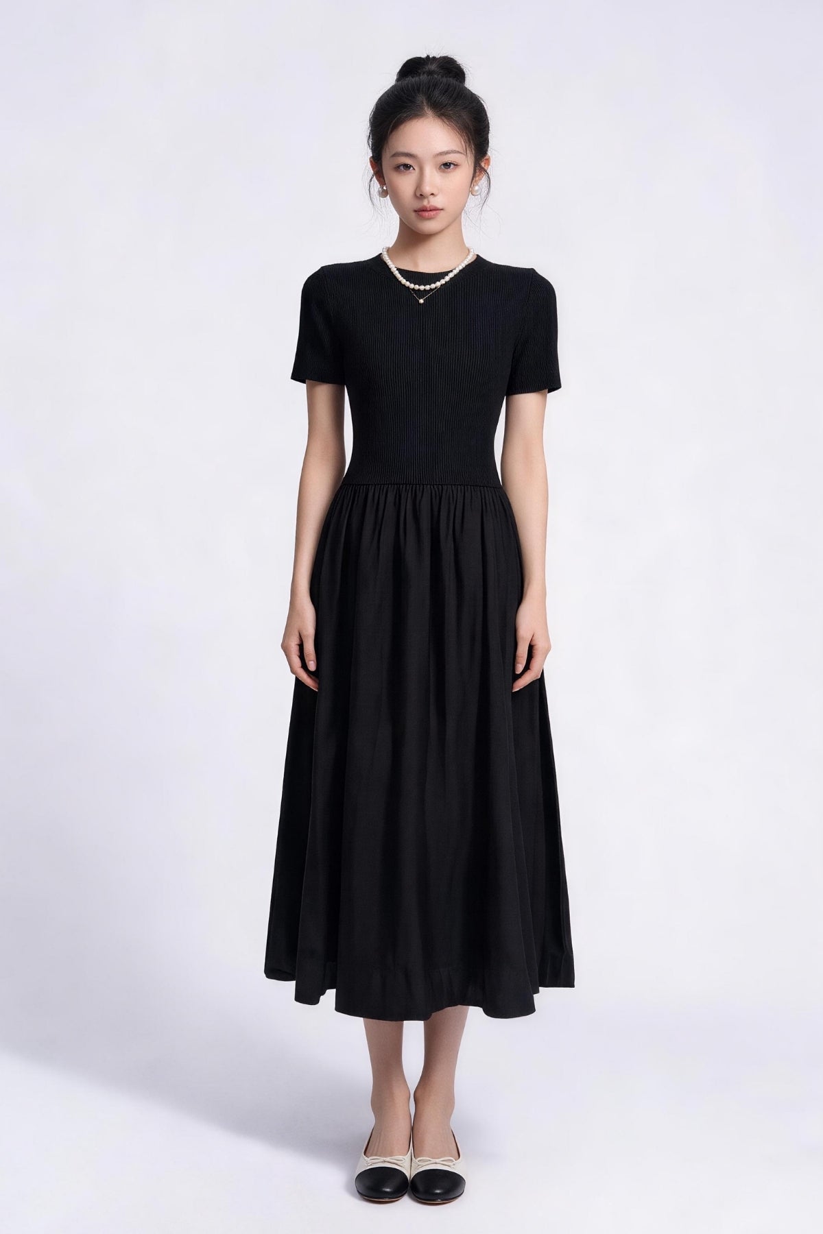 Oona Mixed-Media Short-Sleeve Maxi Dress