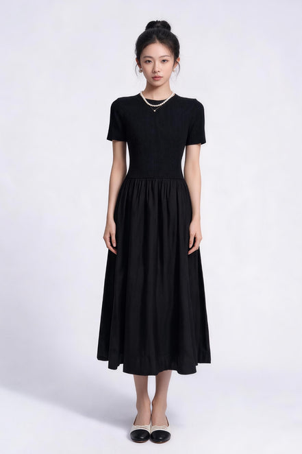 Oona Mixed-Media Short-Sleeve Maxi Dress