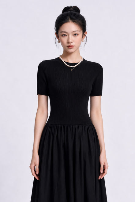 Oona Mixed-Media Short-Sleeve Maxi Dress