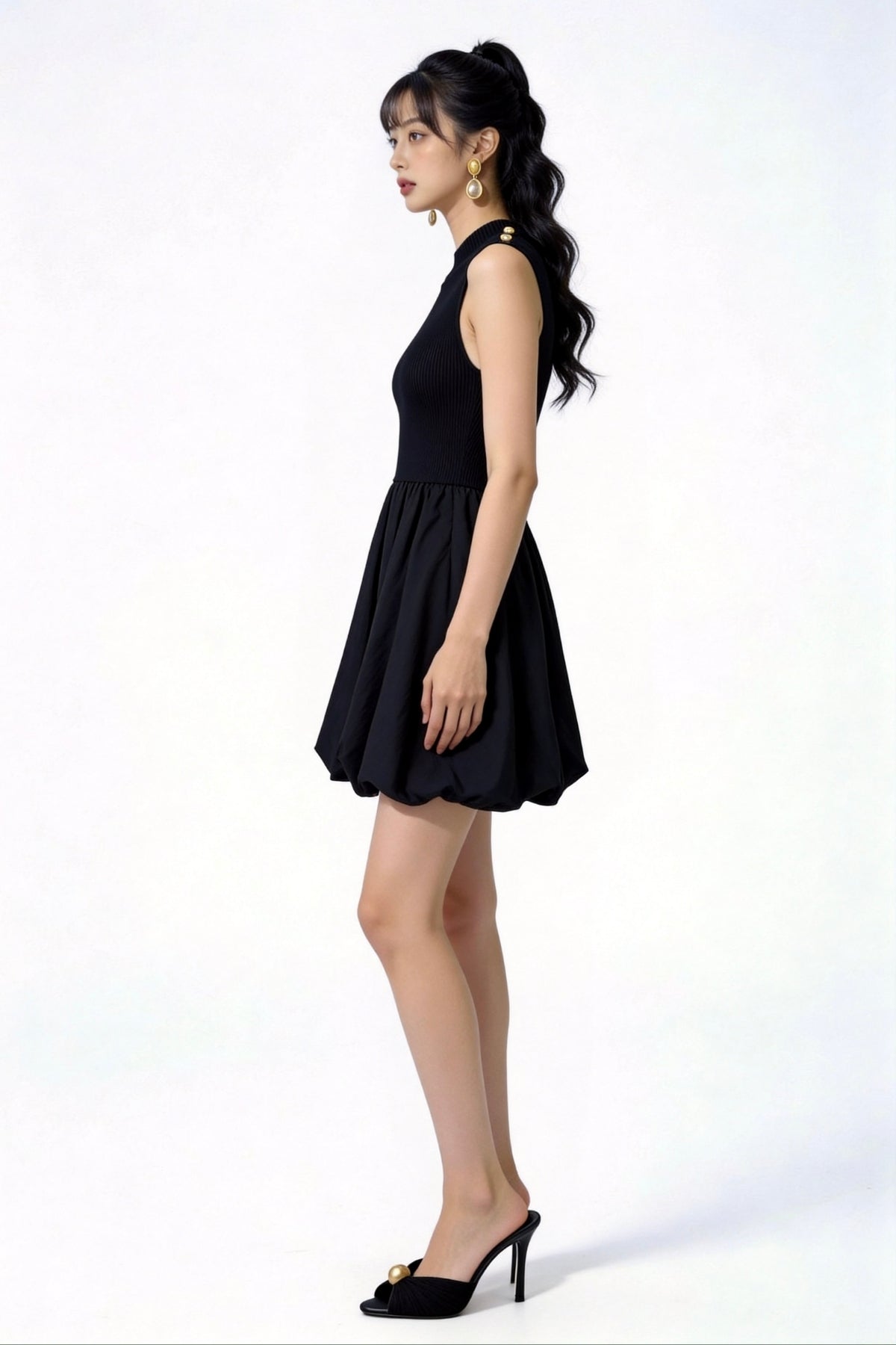 Oriana Gold-Button Knit Bubble Dress