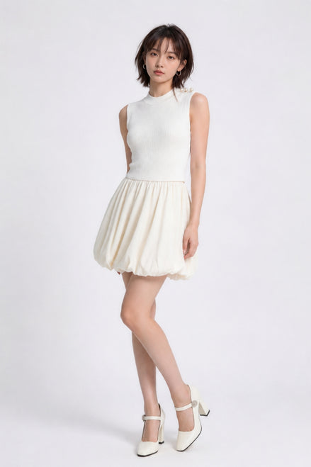 Oriana Gold-Button Knit Bubble Dress