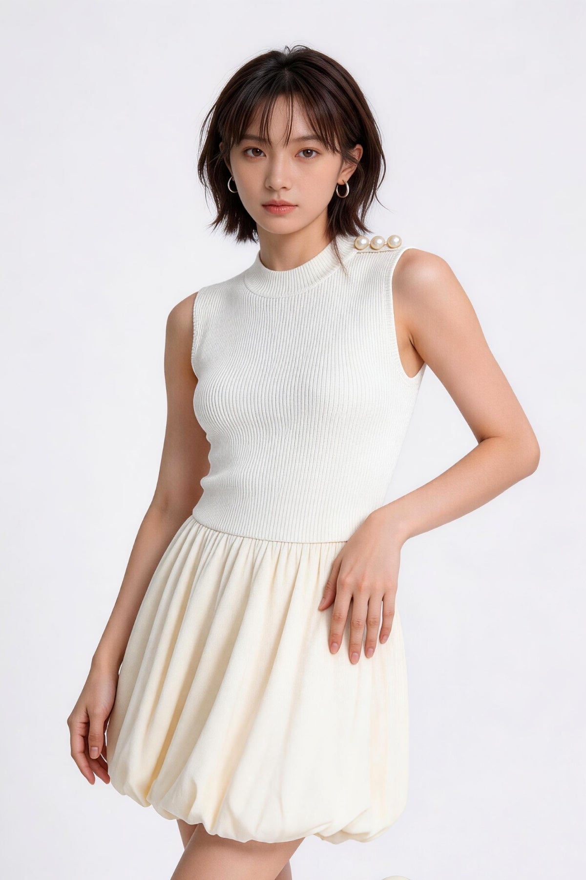 Oriana Gold-Button Knit Bubble Dress