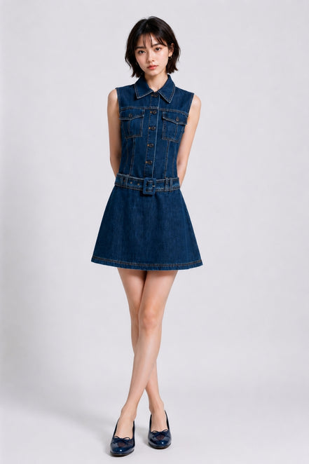 Ovidia Belted Denim Vest Dress