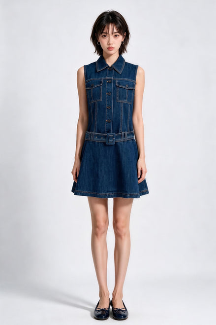 Ovidia Belted Denim Vest Dress