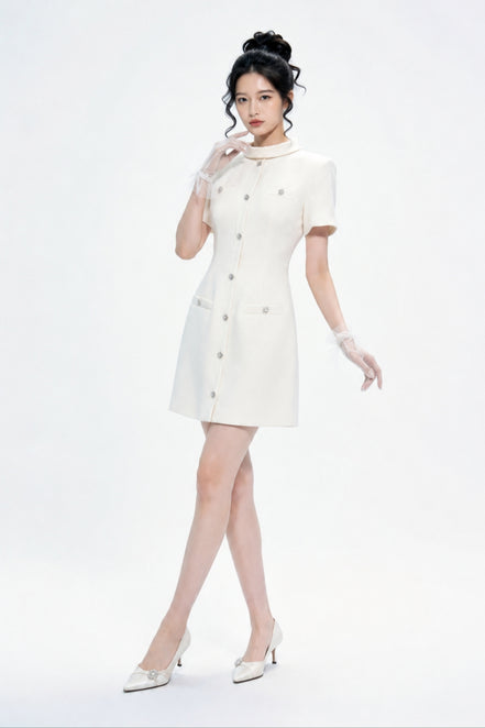 Quintessa Crystal-Button Tweed Shift Mini Dress