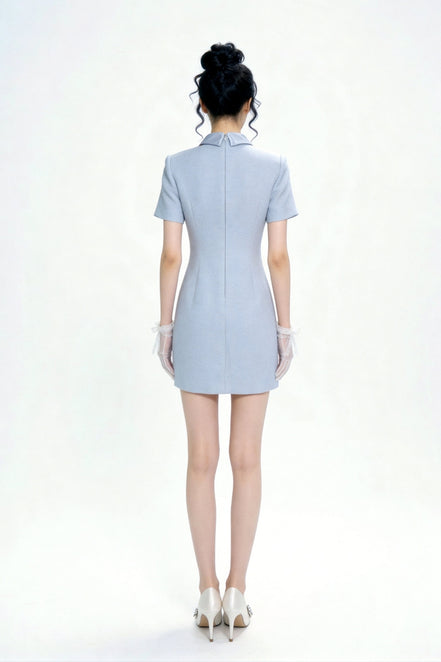 Quintessa Crystal-Button Tweed Shift Mini Dress
