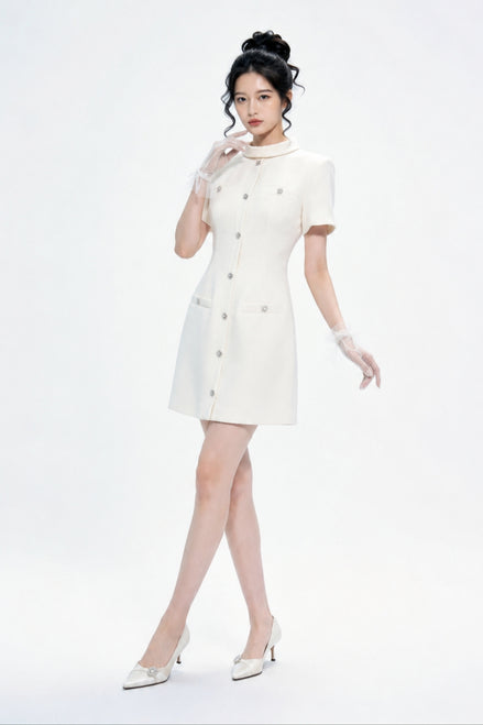 Quintessa Crystal-Button Tweed Shift Mini Dress
