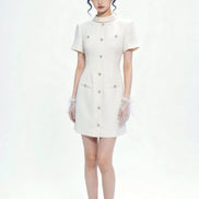 Quintessa Crystal-Button Tweed Shift Mini Dress