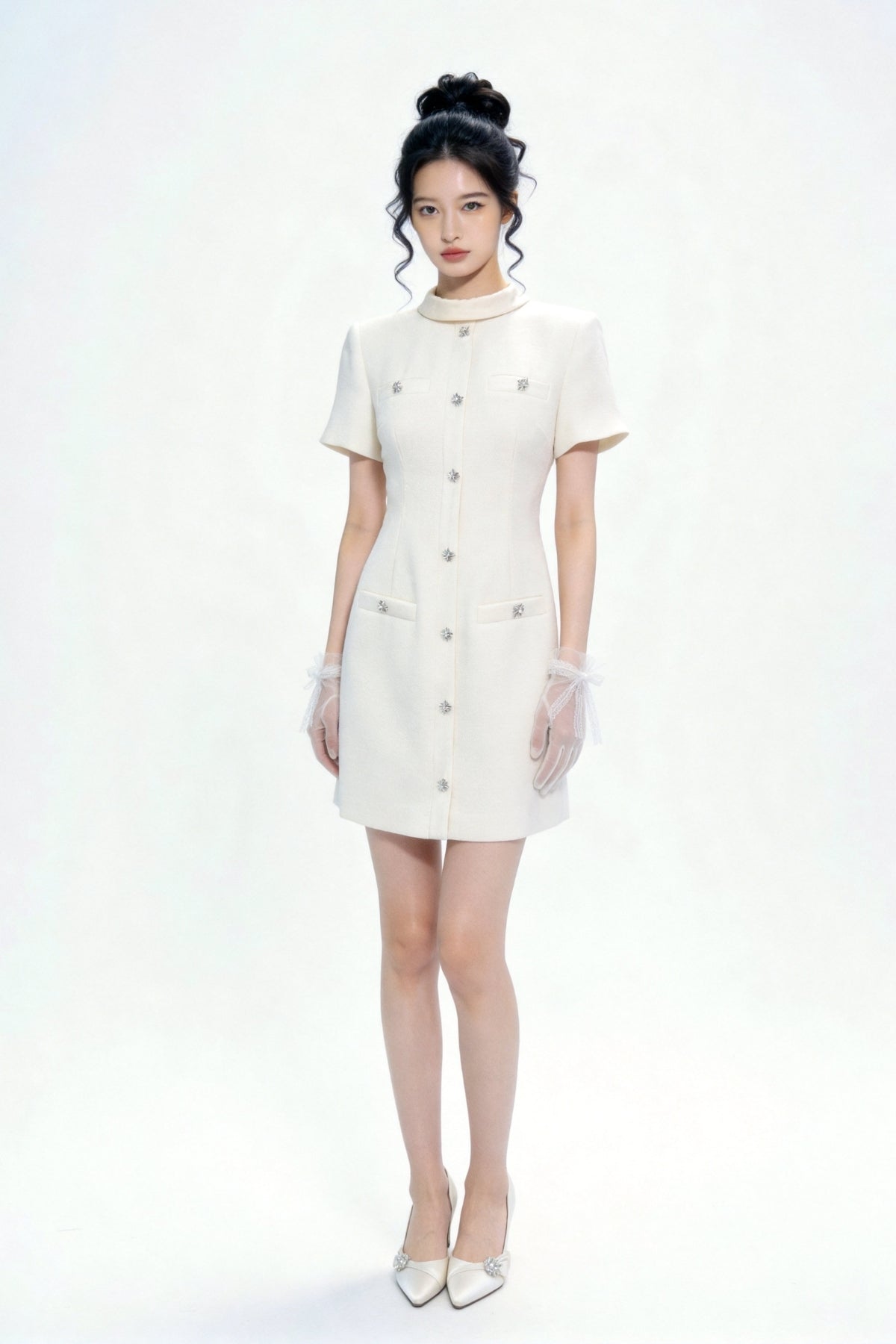 Quintessa Crystal-Button Tweed Shift Mini Dress
