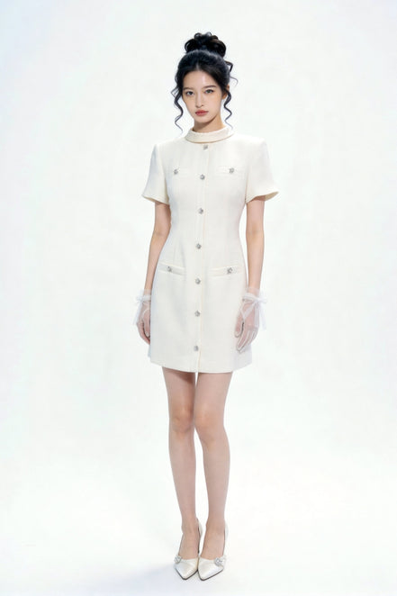 Quintessa Crystal-Button Tweed Shift Mini Dress