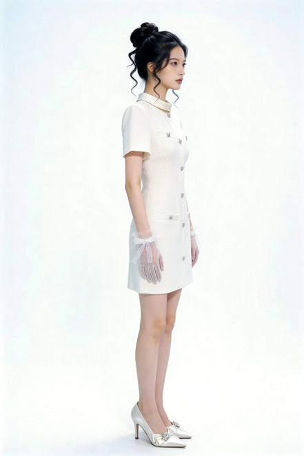 Quintessa Crystal-Button Tweed Shift Mini Dress