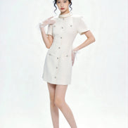 Quintessa Crystal-Button Tweed Shift Mini Dress