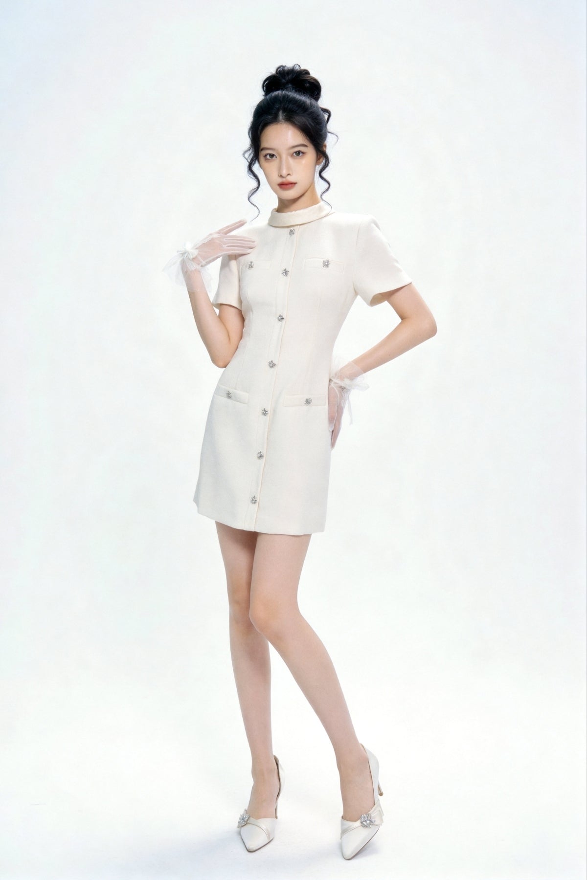Quintessa Crystal-Button Tweed Shift Mini Dress