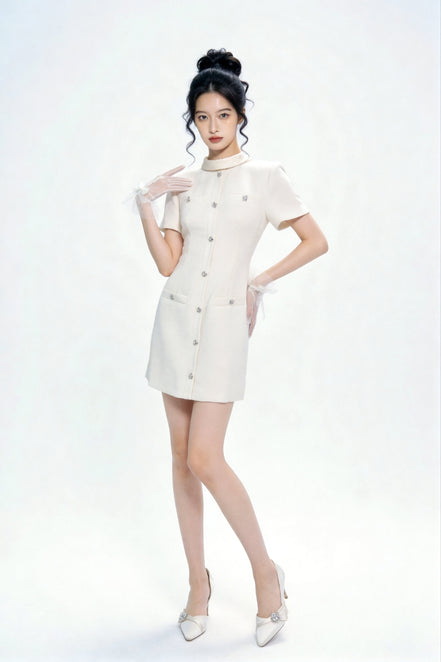 Quintessa Crystal-Button Tweed Shift Mini Dress