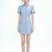 Quintessa Crystal-Button Tweed Shift Mini Dress