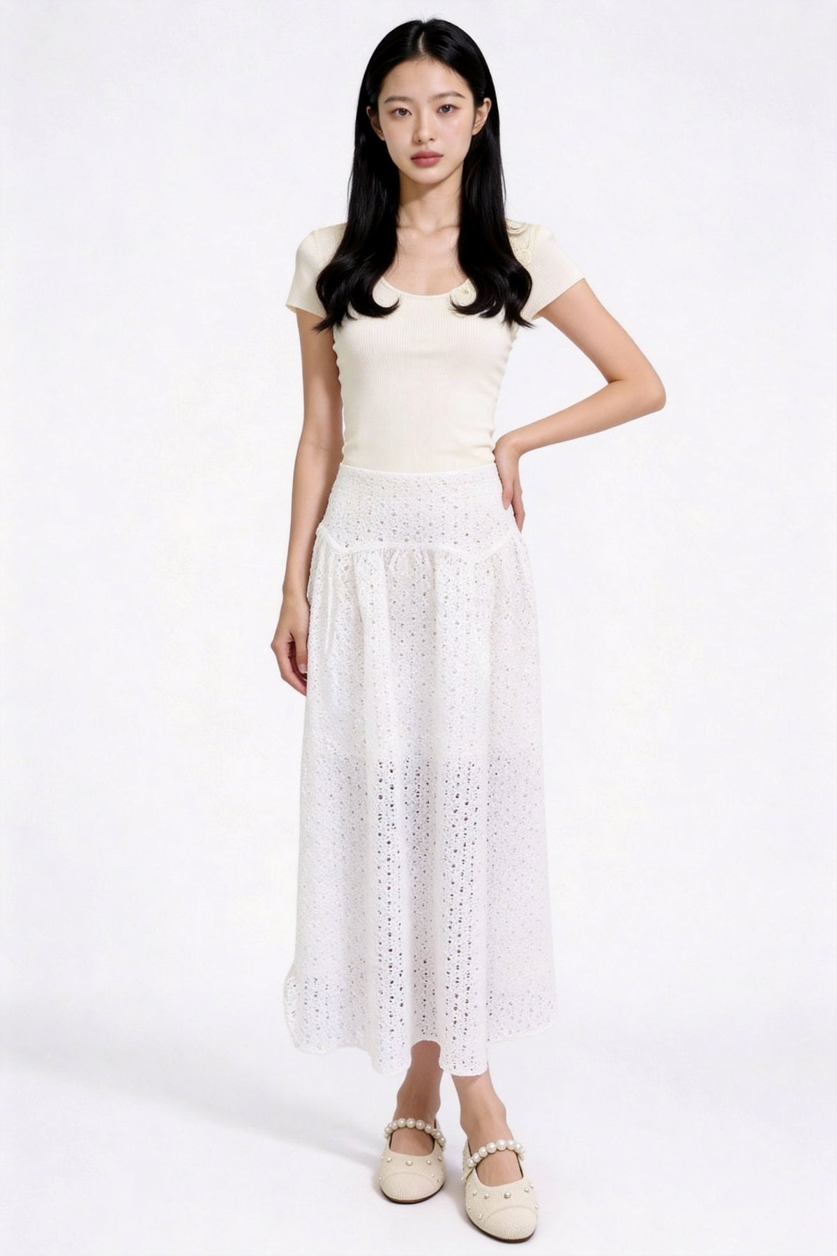 Seralune Eyelet Midi Skirt