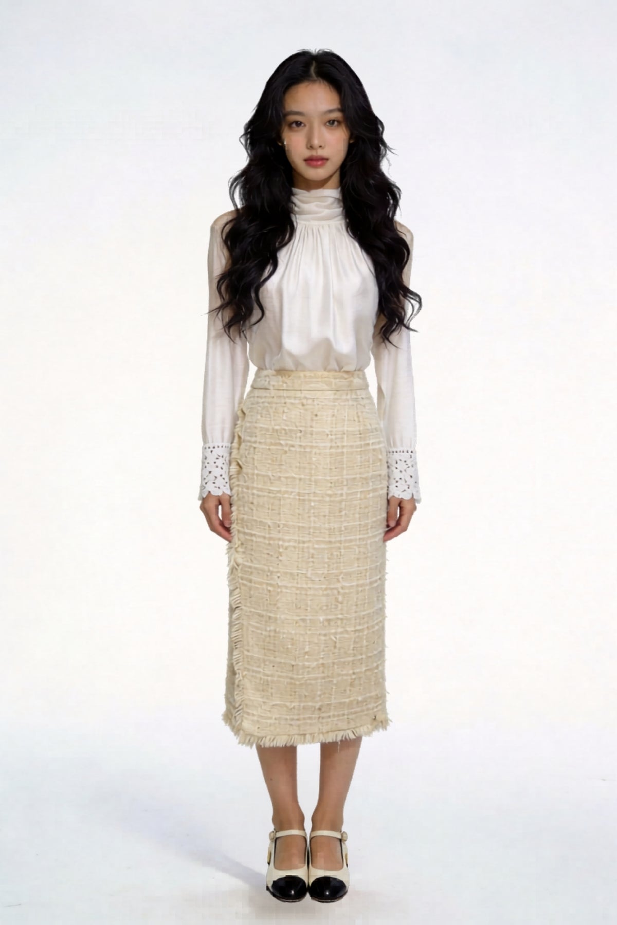 Seraphic Shimmer Tweed Midi Skirt