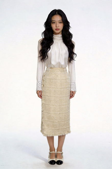 Seraphic Shimmer Tweed Midi Skirt