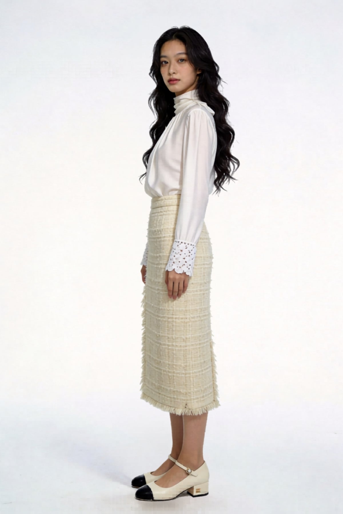 Seraphic Shimmer Tweed Midi Skirt