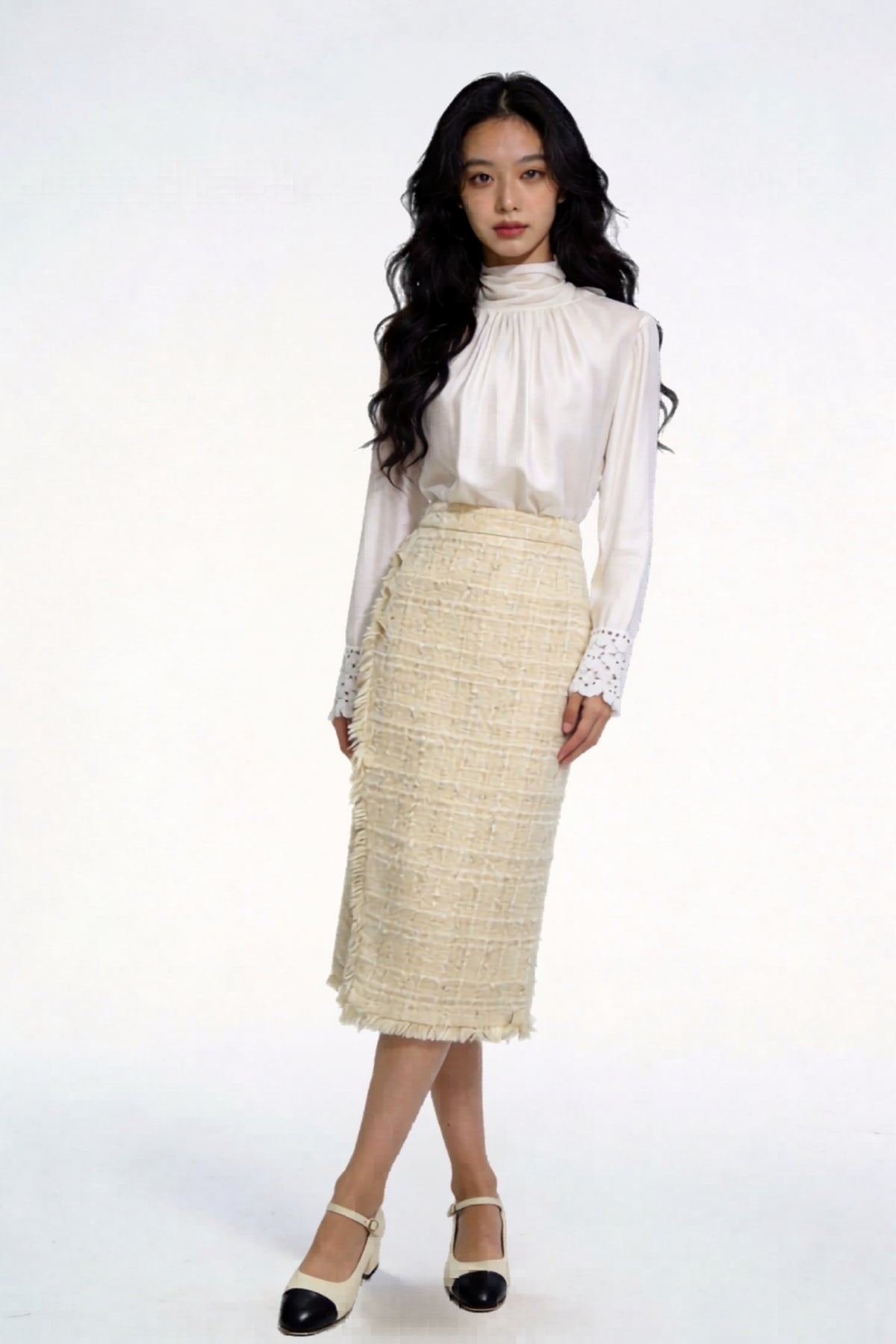 Seraphic Shimmer Tweed Midi Skirt