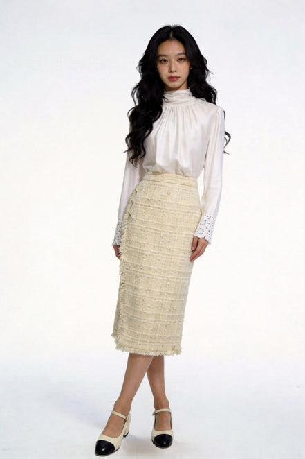 Seraphic Shimmer Tweed Midi Skirt