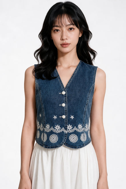 Solara Embroidered Denim Vest